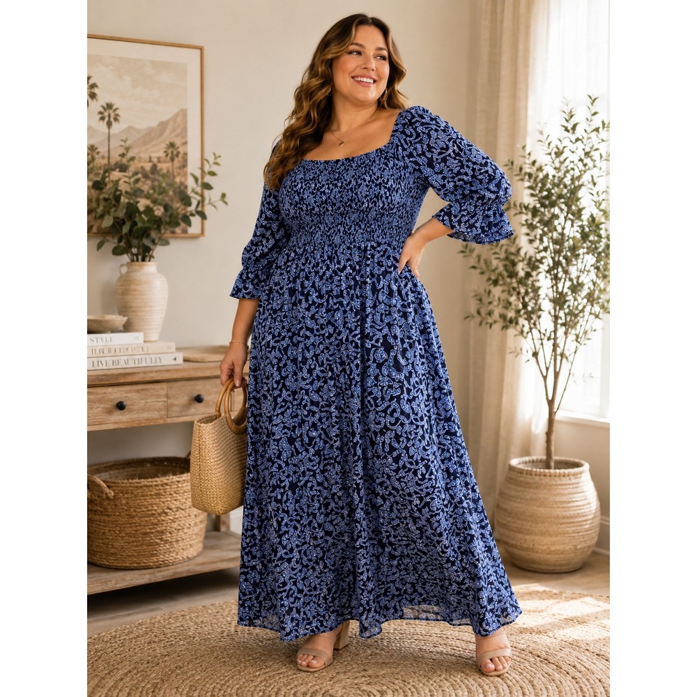Seven Islands Blue Paisley Smocked Maxi Dress SquareNeck 3/4 Sleeve 1X 4064X-322